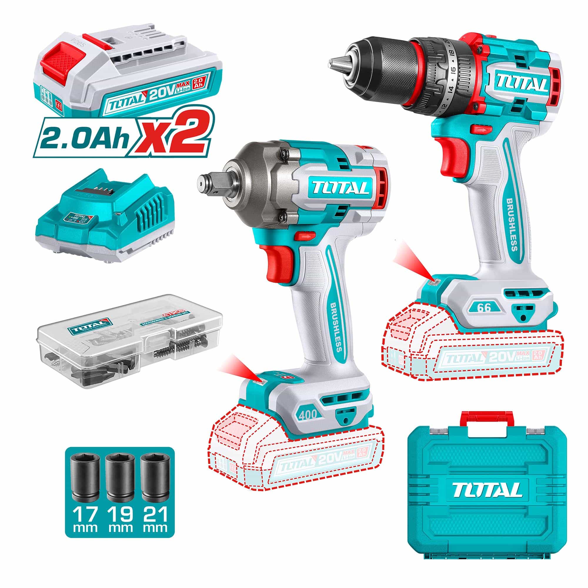 Combo Llave Impacto + Taladro Inalambrico + Puntas Total TCKLI20275-7